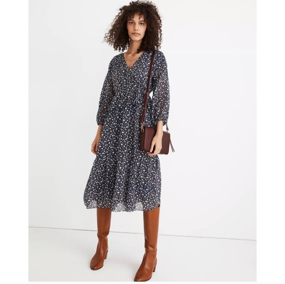 Madewell Navy Floral Long-Sleeve Midi Dress Size L